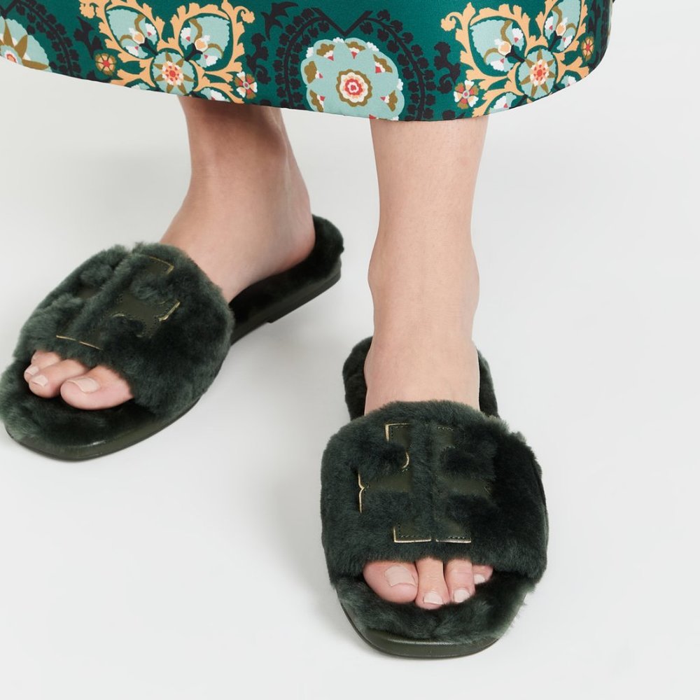 NIB Tory Burch Double T Shearling Slide Sandal GRAY HERON 6.5 7 7.5 8 AUTHENTIC - Picture 5 of 16